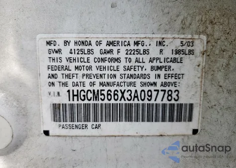 2003 Honda Accord Ex из США, поврежденный, VIN 1HGCM566X3A097783